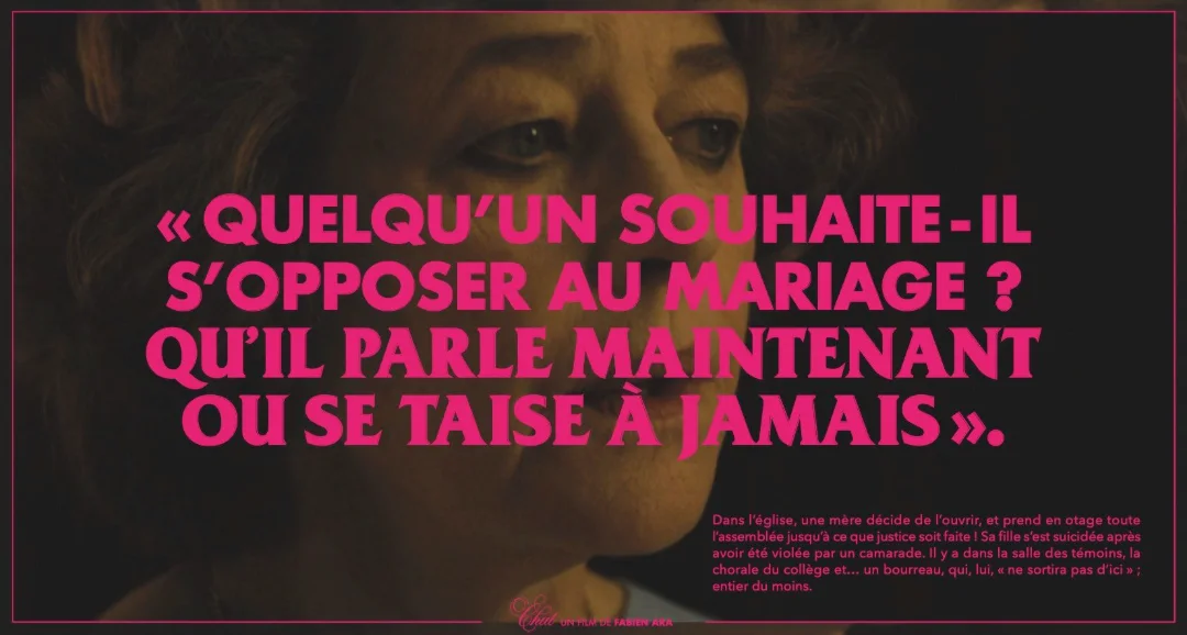 Visuel de Chut : le visage d'une femme derrière la phrase « Quelqu'un souhaite-t-il s'opposer au mariage ? ».